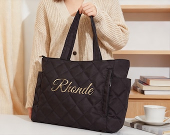 Custom Name Puffy Quilted Tote Bag, Bridesmaid Gift