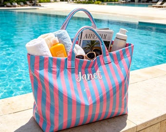 Personalized Striped Tote Bag, Embroidered PVC Beach Pool Bag, Bridesmaid Gift