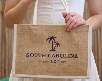 Sacola de boas-vindas personalizada para casamento - Sacola de juta com estampa de palmeira, nomes e data personalizados | Lembrancinha de casamento na praia, presente para chá de panela, porta-cartões de convidado