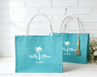 Personalized Blue Jute Tote Bag: Palm Tree Wedding Welcome Gift, Custom Destination Wedding Tote Bags