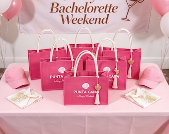 Personalized Pink Jute Tote Bag, Bow Bridesmaid Beach Bag, Shell Travel Tote, Bachelorette Party Gift, Girls Trip Tote