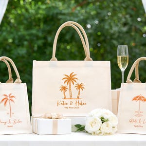 Personalized Wedding Welcome Bags for Guests, Bachelorette Party Favor Palm Tree Surfboard Beach Tote Bags