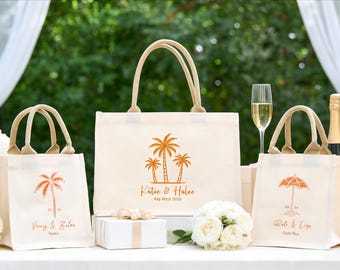 Borse di benvenuto personalizzate per gli ospiti del matrimonio, borse da spiaggia con palme e tavola da surf per bomboniere per addio al nubilato