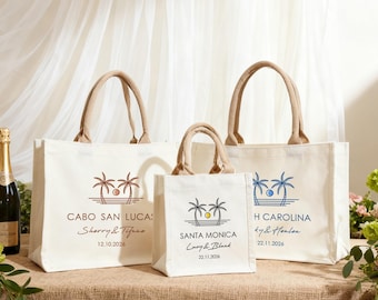 Personalized Palm Tree Moon Tote Bag, Custom Beach Wedding Welcome Bag with Date