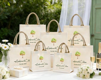 Sacola de boas-vindas personalizada com tema de árvore para casamento, lembrancinha de casamento no jardim, presentes para festa de noivado, sacolas para casamento ao ar livre.
