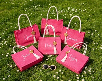 Sacolas personalizadas para lembrancinhas de casamento, sacolas de presente com nome personalizado, sacolas rosa-choque para madrinhas, lembrancinhas para despedida de solteira, sacola de viagem para viagem entre amigas
