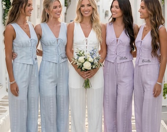Embroidered Bridesmaid Pajama Set, Bridal Party Gifts - Elastic Waist, Comfortable Fit