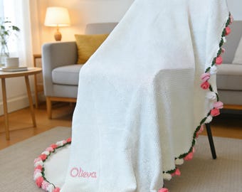 Manta de buquê de rosas tricotadas, manta de buquê de crochê feita à mão, manta de buquê de rosas, buquê tricotado, presente de aniversário/casamento