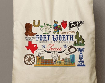 Fortworth Texas Custom Canvas Tote Bag, Welcome Bag, Bridesmaid Gift Tote, Shopping Bag, Souvenir, Wild West Wedding Favor, Guest Gift Bag
