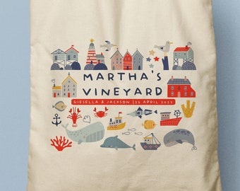 Marthas Vineyard Custom Wedding Totes, Bridesmaid gift, Nautical Themed Souvenir Tote, Coral, blue, yellow and gray, Corporate Welcome Gift