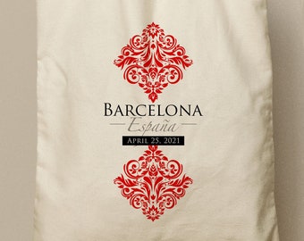 Barcelona Spain Custom Canvas Tote, Red and White Damask, Wedding Favor Bag, Swag, Custom Bridesmaid Gift, Welcome Gift, Corporate Gift