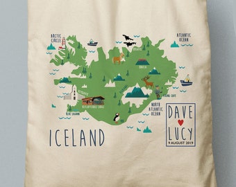 Iceland Illustrated Map Custom Totes Bridesmaid Gift Custom Tote Bag, Beach Tote, Wedding Favor, Guest Welcome Bag, Canvas Tote