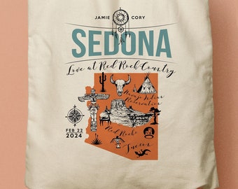 Sedona Arizona Illustrated Map Wedding Custom Canvas Tote, Swag Bag, Wedding Favor, Welcome Gift, Bridesmaid Gift, Red Rocks Wedding