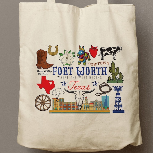 Fortworth Texas Custom Canvas Tote Bag, Welcome Bag, Bridesmaid Gift Tote, Shopping Bag, Souvenir, Wild West Wedding Favor, Guest Gift Bag