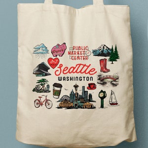 Seattle Washington Canvas Tote, Custom Canvas Tote Bag, Welcome Bag, Beach Tote, Wedding Favor image 1