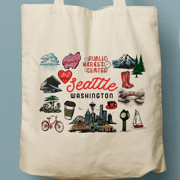 Seattle Washington Canvas Tote, Custom Canvas Tote Bag, Welcome Bag, Beach Tote, Wedding Favor