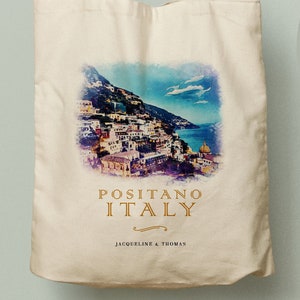 Positano Italy Watecolor Design Custom Canvas Totes Bridesmaid Gift, Tote Bag, Beach Wedding Custom Favor, Welcome Souvenir Bag