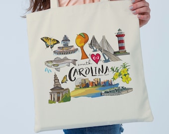 South Carolina Canvas Tote, Custom Tote Bag, Welcome Bag, Beach Tote, Wedding Favor, City Tote, Travel Souvenir, Party Favor, Corporate Gift