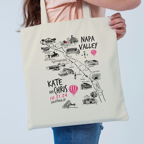 Calistoga California Wine Country, Napa Valley Map, Custom Wedding Tote Bag, Wine Trail Bachelorette, Wedding Favor Bags, Bridesmaid Gift