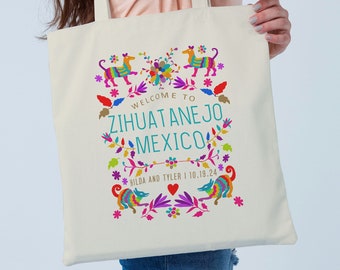 Mexican Otomi Print Custom Totes, Welcome GIft Bag, Favor Bag, Beach Tote, Tulum Mexico Custom Canvas Tote Swag Bag Mexican Fiesta