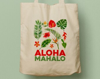 Aloha Mahalo Hawaii Custom Totes, Wedding Bag, Bridesmaid gift, Welcome Tote Destination Wedding Beach Canvas Tote, Luau, Coral Sage