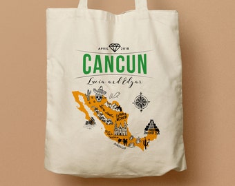 Cancun Mexico Illustrated Map Wedding Canvas Tote, Swag Bag, Beach Tote, Wedding Favor, Welcome Gift, Bridesmaid Gift, Mexican Wedding