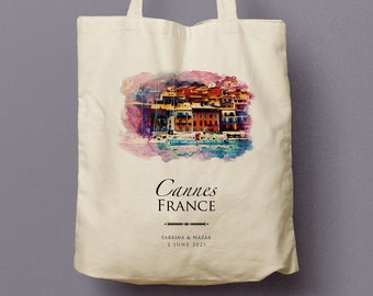Cote de Azur, Cannes, France custom totes bridesmaid gift custom tote bag, watercolor, guest tote, beach tote, wedding favor