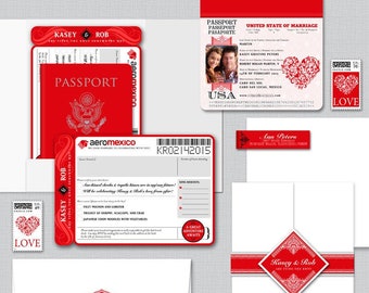 Red and White Valentine Embossed Wedding Passport and Boarding Pass/ Airline Ticket Destination Wedding Invitation