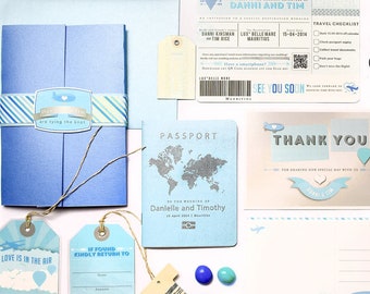 Passport and Boarding Pass Style Invitation, Custom Destination Wedding Invite, Travel Inspired, Australia Airline Ticket, Blue SIlver