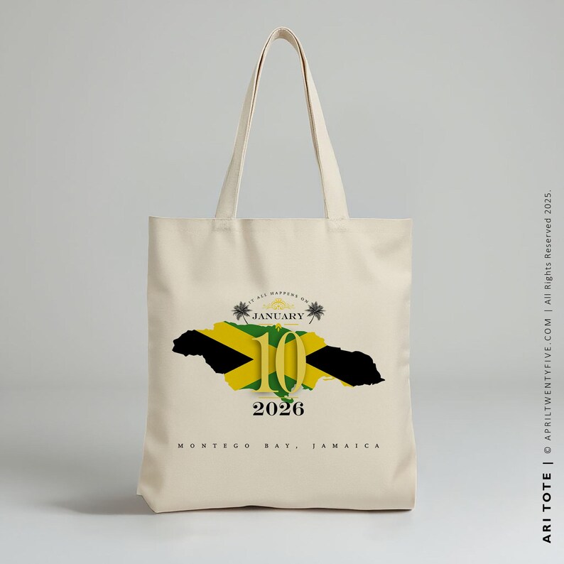 May include: A beige tote bag with a graphic of the Jamaican flag and the text "January 10, 2026, Montego Bay, Jamaica".