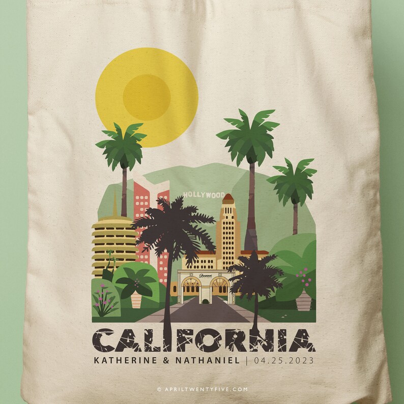 Los Angeles California Custom Tote, Beach Tote, Bridesmaid gift, Bachelorette Tote, Wedding Bag, Welcome Bag, Personalized, Corporate GIft image 2