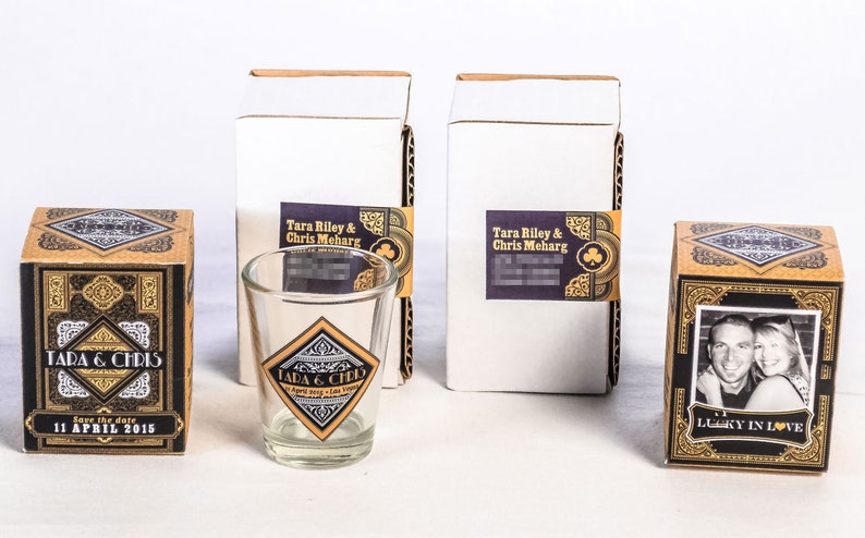 TARA Gold and Black Las Vegas Monte Carlo Inspired Custom Boxed Save the Date Shotglass