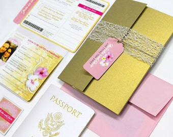 Gold and Blush Passport and Boarding Pass Invitation