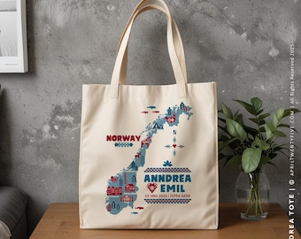 Personalized Norway Map Canvas Tote Bag, Wedding Favor