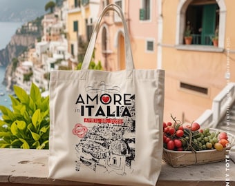 Sacola de algodão Positano, Itália, com estampa da Costa Amalfitana, lembrancinha de casamento italiana