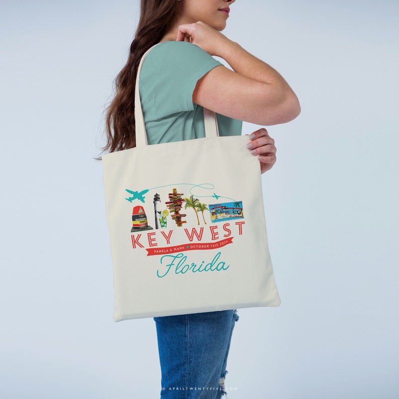 Key West Florida Custom Tote Bag Swag Bag Canvas Tote Keys Beach Tote Wedding Bag Bridesmaid Gift Welcome Wedding Favor image 1