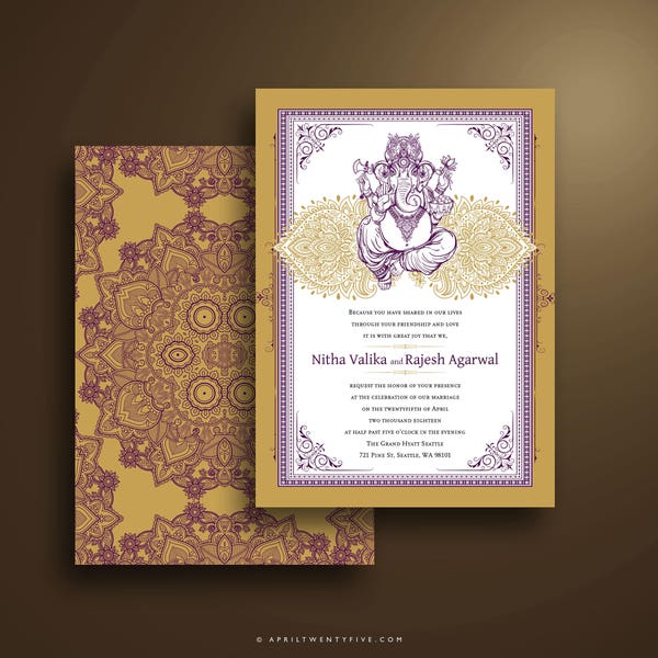 Printed Wedding Invitation Ganesh Traditional Indian Wedding Invitation Purple and Gold Sangeet Mehndi