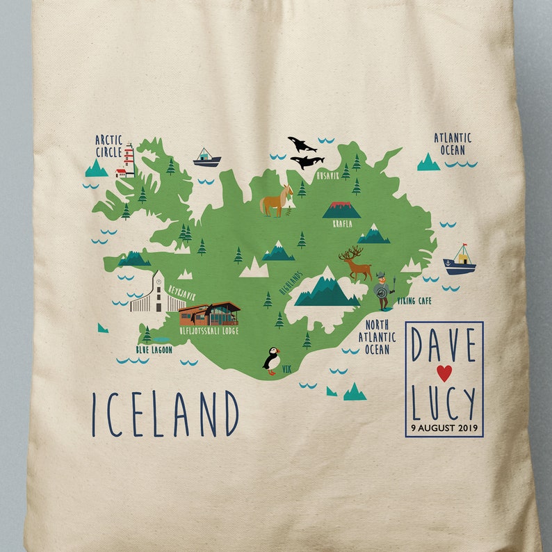 Iceland Illustrated Map Custom Totes Bridesmaid Gift Custom Tote Bag, Beach Tote, Wedding Favor, Guest Welcome Bag, Canvas Tote image 2