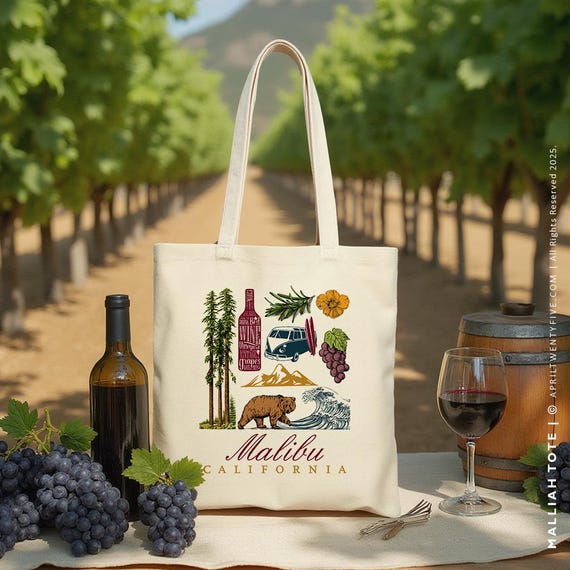 Custom California Wedding Tote Bag: Malibu, Wine Country Favor