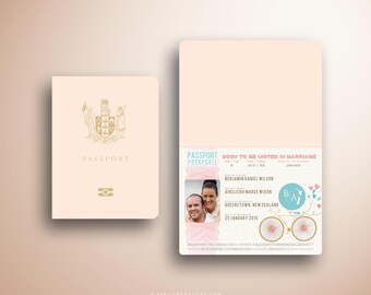 New Zealand Passport and Boarding Pass, Airline Plane Ticket Wedding invitation Suite, Destination Invite Suite, Blush and Robin Blue