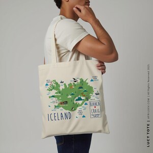Mappa illustrata dell'Islanda, borsa personalizzata, regalo per damigella d'onore, borsa personalizzata, borsa da spiaggia, bomboniera, borsa di benvenuto per gli ospiti, borsa in tela