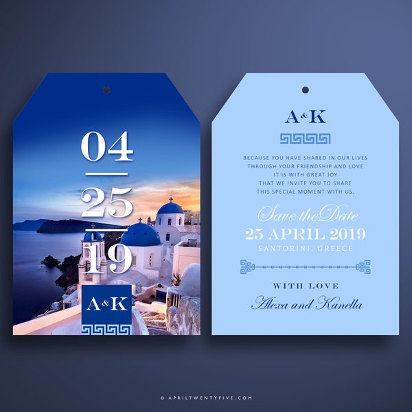 Luggage Tag Save the Date Invitation for a Wedding in Santorini Greece (Oversized)