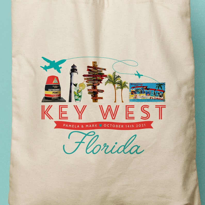 Key West Florida Custom Tote Bag Swag Bag Canvas Tote Keys Beach Tote Wedding Bag Bridesmaid Gift Welcome Wedding Favor image 3