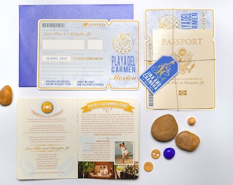 Passport Wedding Invitation Boarding Pass RSVP, Custom Destination Wedding Invite Suite, Travel Inspired Light Blue Gold, Airline Ticket