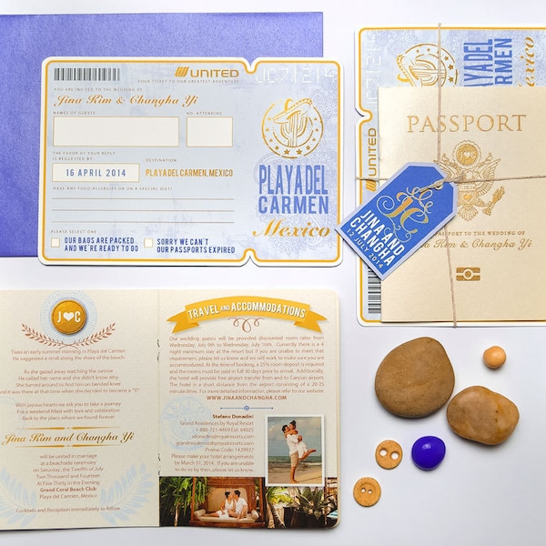 Passport Wedding Invitation Boarding Pass RSVP, Custom Destination Wedding Invite Suite, Travel Inspired Light Blue Gold, Airline Ticket