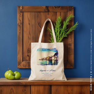 Lake Como Italy Watercolor Design Custom Canvas Tote Bag Bridesmaid Gift, Beach Wedding Custom Favor, Welcome Souvenir Bag, Corporate Gift