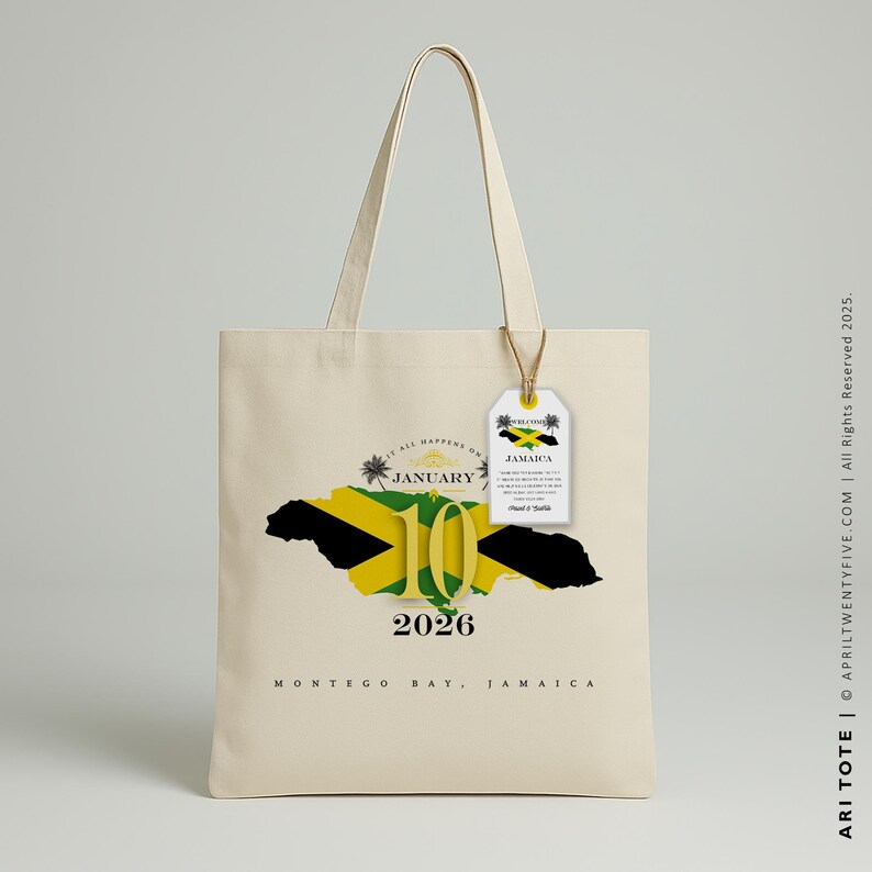 May include: A white canvas tote bag with a yellow and green Jamaican flag design. The bag has a tag attached that says "Welcome to Jamaica". The bag also has the text "It all happens on January 10, 2026 Montego Bay, Jamaica".