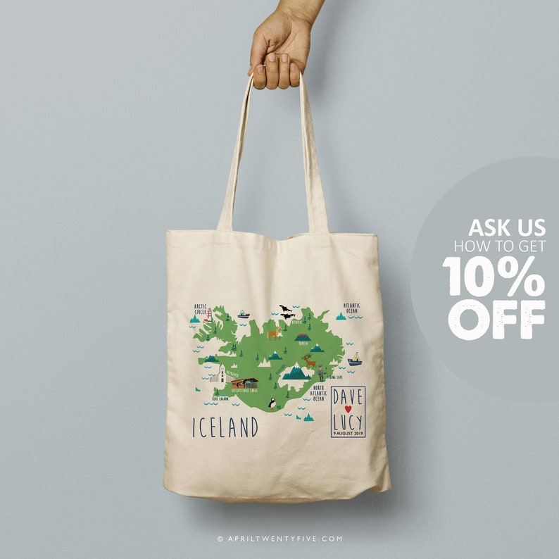 Iceland Illustrated Map Custom Totes Bridesmaid Gift Custom Tote Bag, Beach Tote, Wedding Favor, Guest Welcome Bag, Canvas Tote image 1