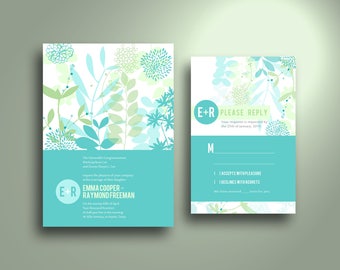 Aqua Floral Silhouette Flat Card Wedding Invitation