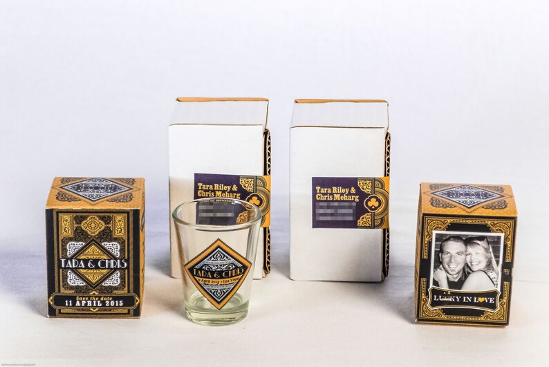 TARA Gold and Black Las Vegas Monte Carlo Inspired Custom Boxed Save the Date Shotglass
